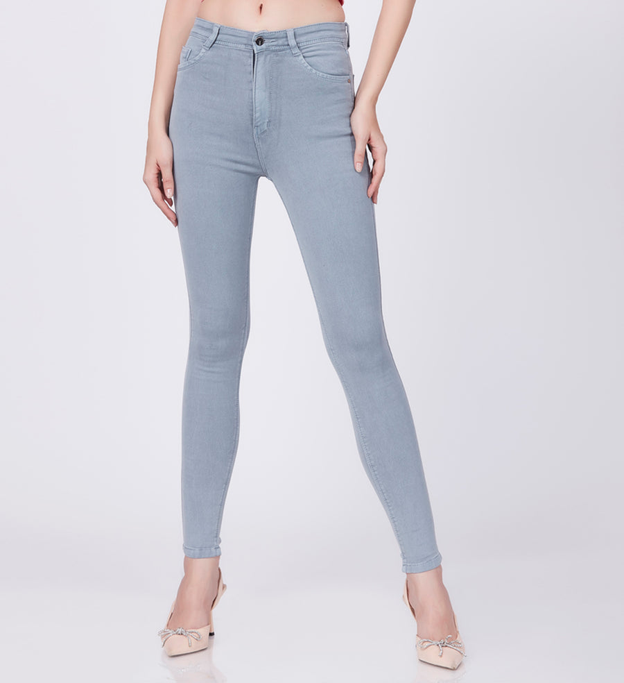 Blum Denim Women's (1829) Ice Blue Full-Length Skinny/Pencil Fit High-Waist Single Button Stretchable Knitted Denim Jeans: Elevate Your Everyday Elegance