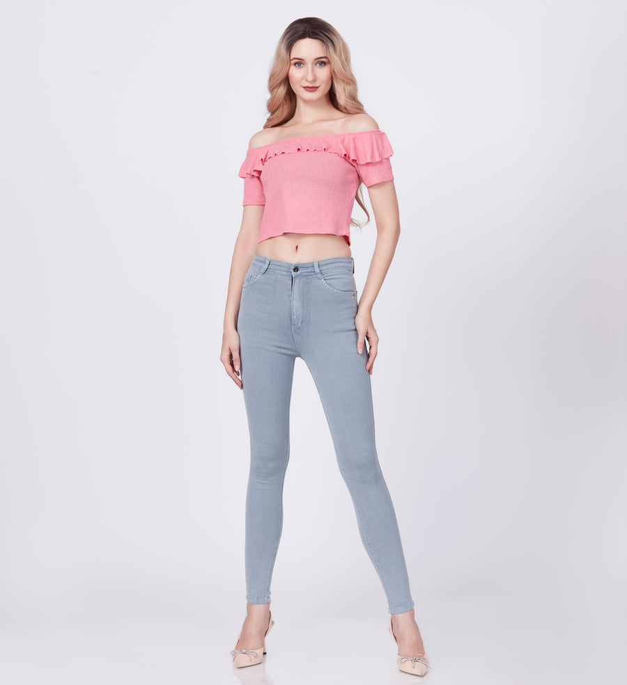 Blum Denim Women's (1829) Ice Blue Full-Length Skinny/Pencil Fit High-Waist Single Button Stretchable Knitted Denim Jeans: Elevate Your Everyday Elegance
