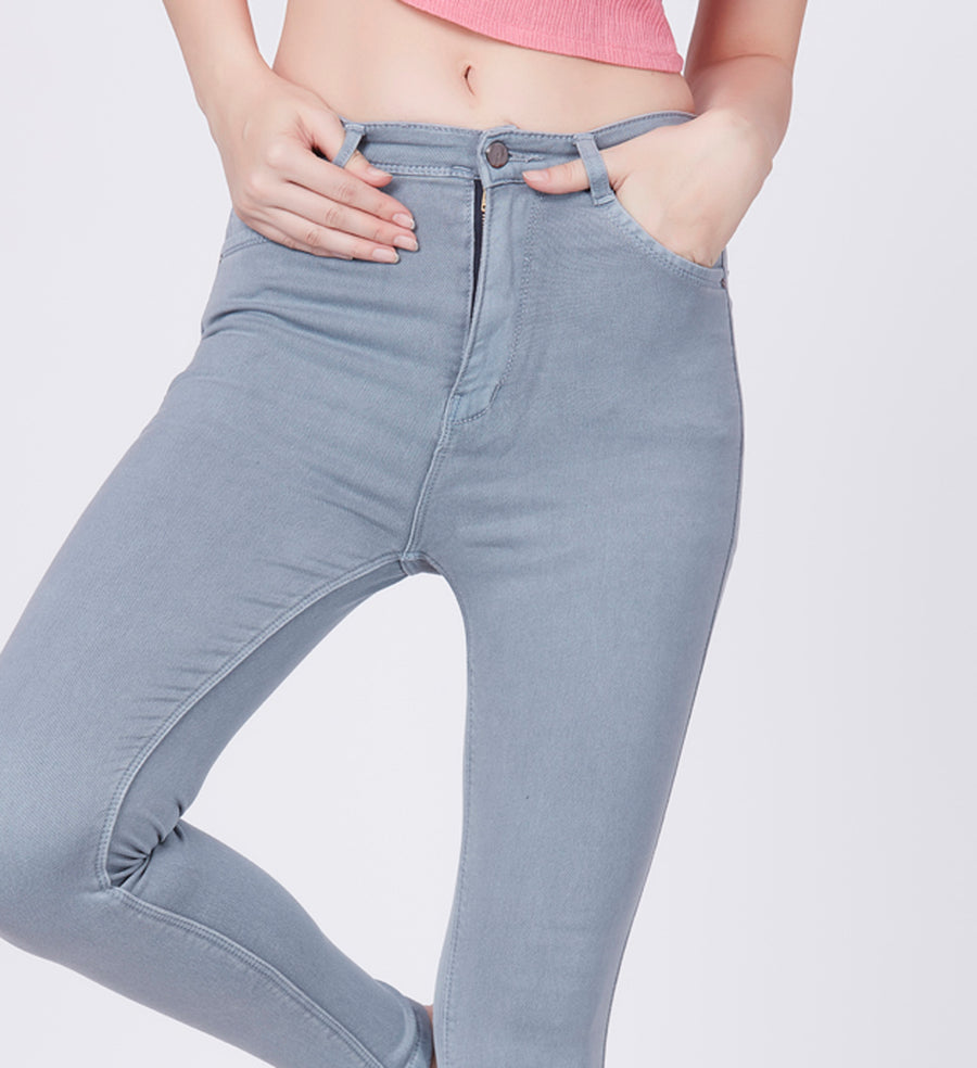 Blum Denim Women's (1829) Ice Blue Full-Length Skinny/Pencil Fit High-Waist Single Button Stretchable Knitted Denim Jeans: Elevate Your Everyday Elegance