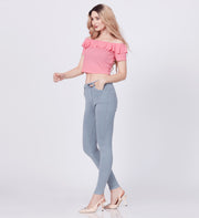 Blum Denim Women's (1829) Ice Blue Full-Length Skinny/Pencil Fit High-Waist Single Button Stretchable Knitted Denim Jeans: Elevate Your Everyday Elegance