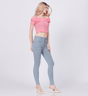 Blum Denim Women's (1829) Ice Blue Full-Length Skinny/Pencil Fit High-Waist Single Button Stretchable Knitted Denim Jeans: Elevate Your Everyday Elegance