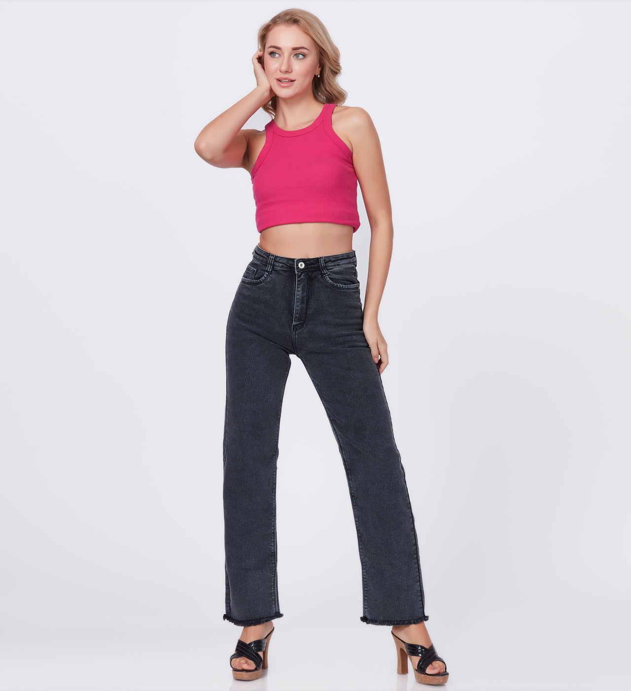 Blum Denim Women's (1824) Black Straight Fit High Waist: Stretchable Knitted Denim Jeans for Effortless Style