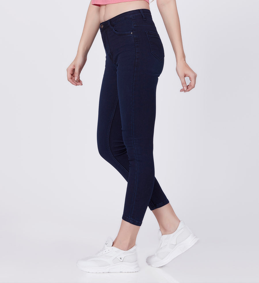 Blum Denim Women's (11851) Dark Blue Skinny Fit High Waist Knitted Denim Jeans: Elevate Your Style with Ankle-Length Comfort and Versatility