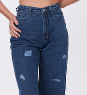Blum Denim Women's (1639) Blue Straight Fit High Waist: Non-Stretchable Heavy Distressed Cotton Denim Jeans