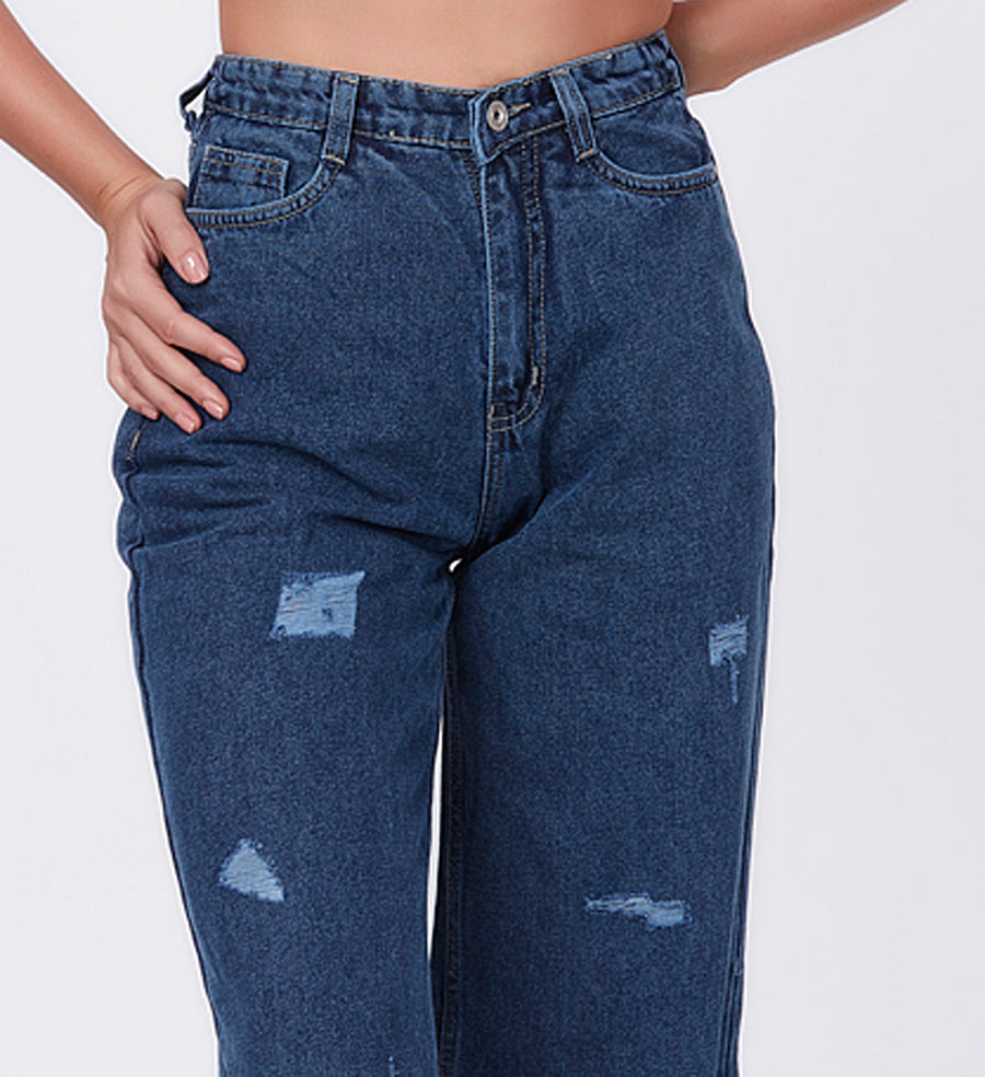 Blum Denim Women's (1639) Blue Straight Fit High Waist: Non-Stretchable Heavy Distressed Cotton Denim Jeans