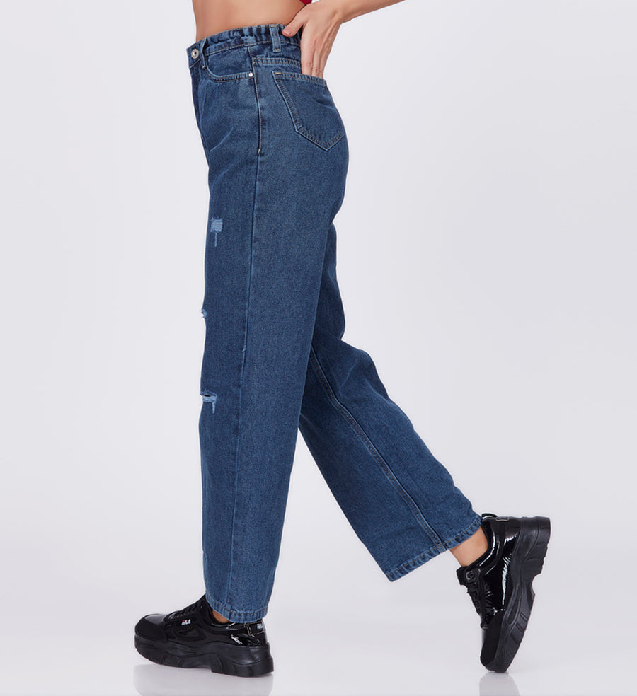 Blum Denim Women's (1639) Blue Straight Fit High Waist: Non-Stretchable Heavy Distressed Cotton Denim Jeans