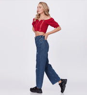 Blum Denim Women's (1639) Blue Straight Fit High Waist: Non-Stretchable Heavy Distressed Cotton Denim Jeans