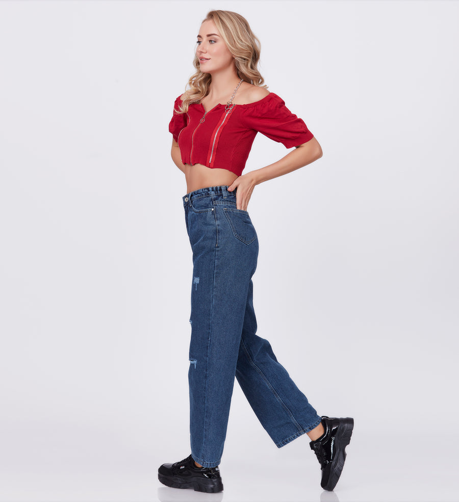 Blum Denim Women's (1639) Blue Straight Fit High Waist: Non-Stretchable Heavy Distressed Cotton Denim Jeans