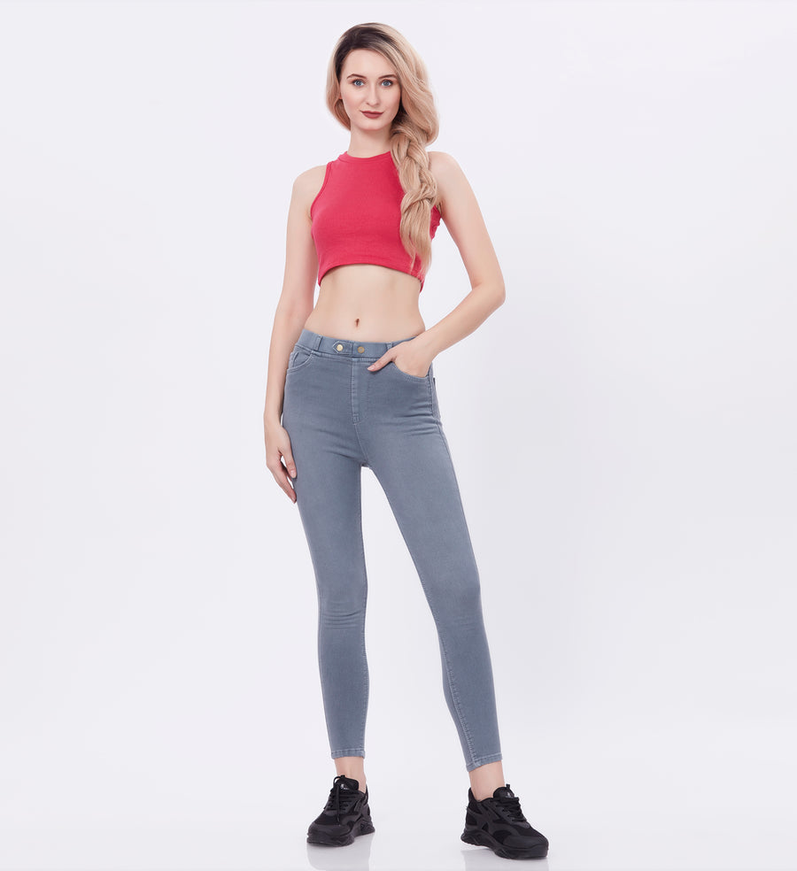 Blum Denim Women's (1769) Grey Jeggings: High-Waist Skinny/Pencil Fit, Ankle Length, Stretchable Knitted Denim Jeans for Effortless Style