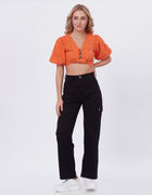 Blum Denim Women's (2603) Black Straight Fit High-Waist Cargo: Stretchable Knitted Denim Jeans for Effortless Style