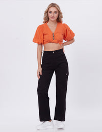 Blum Denim Women's (2603) Black Straight Fit High-Waist Cargo: Stretchable Knitted Denim Jeans for Effortless Style