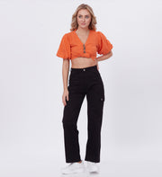 Blum Denim Women's (2603) Black Straight Fit High-Waist Cargo: Stretchable Knitted Denim Jeans for Effortless Style