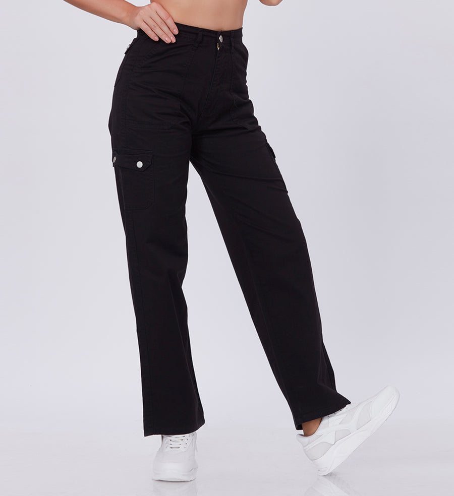 Blum Denim Women's (2603) Black Straight Fit High-Waist Cargo: Stretchable Knitted Denim Jeans for Effortless Style