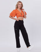Blum Denim Women's (2603) Black Straight Fit High-Waist Cargo: Stretchable Knitted Denim Jeans for Effortless Style