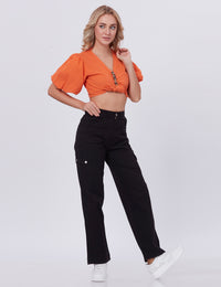 Blum Denim Women's (2603) Black Straight Fit High-Waist Cargo: Stretchable Knitted Denim Jeans for Effortless Style