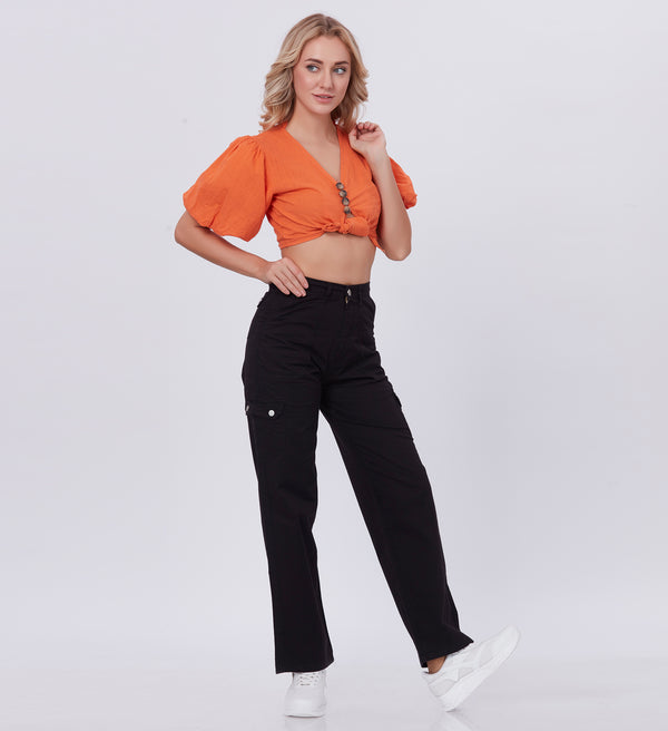 Blum Denim Women's (2603) Black Straight Fit High-Waist Cargo: Stretchable Knitted Denim Jeans for Effortless Style
