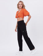 Blum Denim Women's (2603) Black Straight Fit High-Waist Cargo: Stretchable Knitted Denim Jeans for Effortless Style