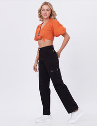 Blum Denim Women's (2603) Black Straight Fit High-Waist Cargo: Stretchable Knitted Denim Jeans for Effortless Style
