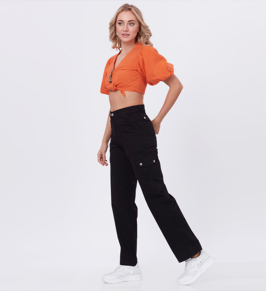 Blum Denim Women's (2603) Black Straight Fit High-Waist Cargo: Stretchable Knitted Denim Jeans for Effortless Style