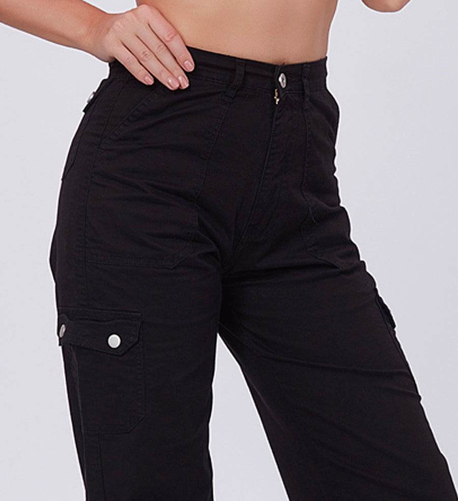 Blum Denim Women's (2603) Black Straight Fit High-Waist Cargo: Stretchable Knitted Denim Jeans for Effortless Style