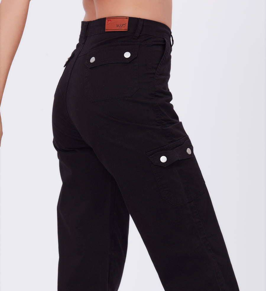 Blum Denim Women's (2603) Black Straight Fit High-Waist Cargo: Stretchable Knitted Denim Jeans for Effortless Style