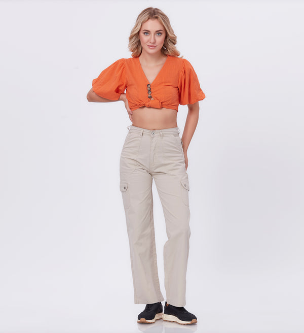Blum Denim Women's (2603) Beige Straight Fit High-Waist Cargo: Stretchable Knitted Denim Jeans for Effortless Style