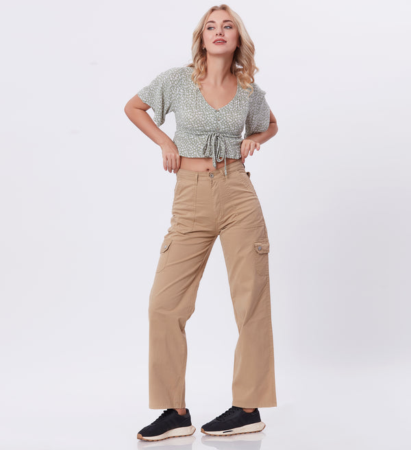 Blum Denim Women's (2603) Khaki Straight Fit High-Waist Cargo: Stretchable Knitted Denim Jeans for Effortless Style