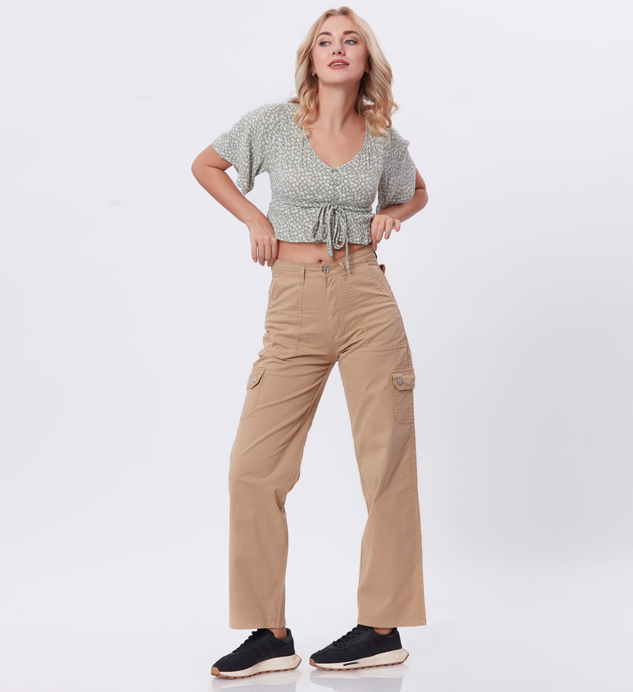 Blum Denim Women's (2603) Khaki Straight Fit High-Waist Cargo: Stretchable Knitted Denim Jeans for Effortless Style