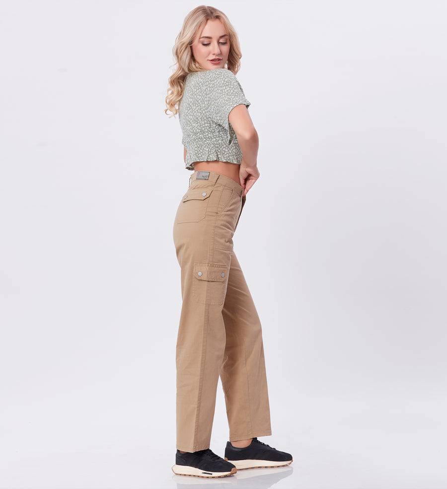 Blum Denim Women's (2603) Khaki Straight Fit High-Waist Cargo: Stretchable Knitted Denim Jeans for Effortless Style
