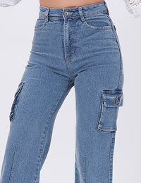 Blum Denim Women's (1766) Ice Straight Fit High-Waist Cargo: Stretchable Knitted Denim Jeans for Effortless Style