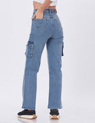 Blum Denim Women's (1766) Ice Straight Fit High-Waist Cargo: Stretchable Knitted Denim Jeans for Effortless Style