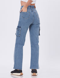 Blum Denim Women's (1766) Ice Straight Fit High-Waist Cargo: Stretchable Knitted Denim Jeans for Effortless Style