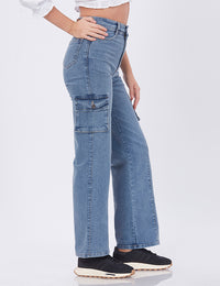 Blum Denim Women's (1766) Ice Straight Fit High-Waist Cargo: Stretchable Knitted Denim Jeans for Effortless Style
