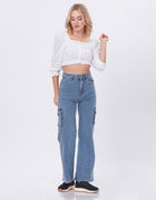 Blum Denim Women's (1766) Ice Straight Fit High-Waist Cargo: Stretchable Knitted Denim Jeans for Effortless Style