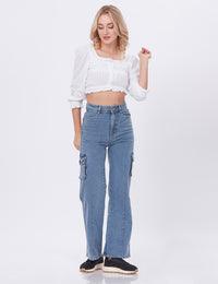Blum Denim Women's (1766) Ice Straight Fit High-Waist Cargo: Stretchable Knitted Denim Jeans for Effortless Style