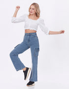 Blum Denim Women's (1766) Ice Straight Fit High-Waist Cargo: Stretchable Knitted Denim Jeans for Effortless Style
