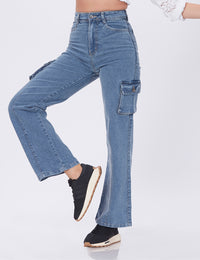 Blum Denim Women's (1766) Ice Straight Fit High-Waist Cargo: Stretchable Knitted Denim Jeans for Effortless Style