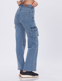 Blum Denim Women's (1766) Ice Straight Fit High-Waist Cargo: Stretchable Knitted Denim Jeans for Effortless Style