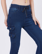 Blum Denim Women's (1820) Blue Skinny Fit High-Waist Cargo/Joggers: Ankle-Length Stretchable Knitted Denim Jeans for Effortless Style