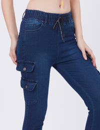 Blum Denim Women's (1820) Blue Skinny Fit High-Waist Cargo/Joggers: Ankle-Length Stretchable Knitted Denim Jeans for Effortless Style