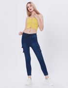 Blum Denim Women's (1820) Blue Skinny Fit High-Waist Cargo/Joggers: Ankle-Length Stretchable Knitted Denim Jeans for Effortless Style