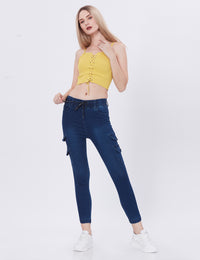 Blum Denim Women's (1820) Blue Skinny Fit High-Waist Cargo/Joggers: Ankle-Length Stretchable Knitted Denim Jeans for Effortless Style
