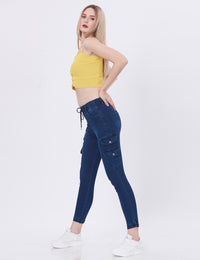 Blum Denim Women's (1820) Blue Skinny Fit High-Waist Cargo/Joggers: Ankle-Length Stretchable Knitted Denim Jeans for Effortless Style