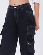 Blum Denim Women's (1801) Black Straight Fit High-Waist Cargo: Stretchable Knitted Denim Jeans for Effortless Style