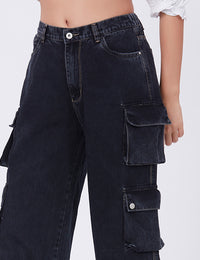 Blum Denim Women's (1801) Black Straight Fit High-Waist Cargo: Stretchable Knitted Denim Jeans for Effortless Style