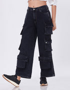 Blum Denim Women's (1801) Black Straight Fit High-Waist Cargo: Stretchable Knitted Denim Jeans for Effortless Style