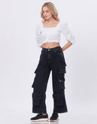 Blum Denim Women's (1801) Black Straight Fit High-Waist Cargo: Stretchable Knitted Denim Jeans for Effortless Style