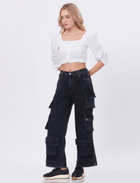 Blum Denim Women's (1801) Black Straight Fit High-Waist Cargo: Stretchable Knitted Denim Jeans for Effortless Style