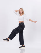 Blum Denim Women's (1801) Black Straight Fit High-Waist Cargo: Stretchable Knitted Denim Jeans for Effortless Style