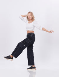 Blum Denim Women's (1801) Black Straight Fit High-Waist Cargo: Stretchable Knitted Denim Jeans for Effortless Style
